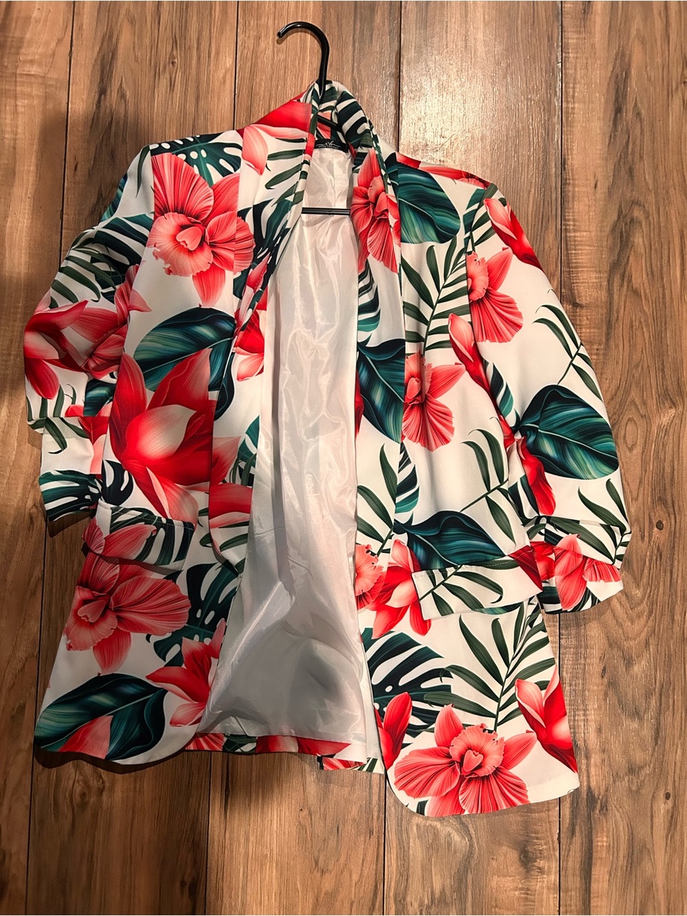 White Floral Blazer with Red Hibiscus Print